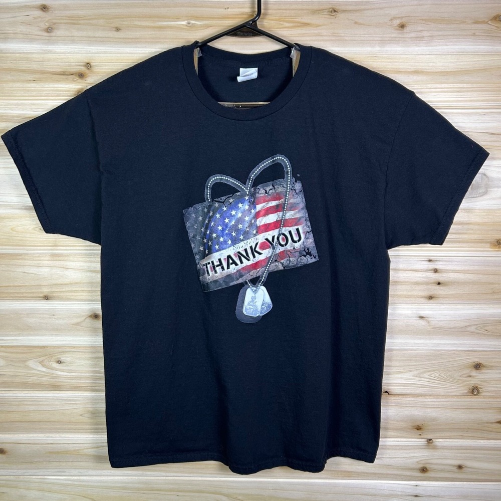 Hanes T-Shirt Mens XL Black Military Thank You American Flag with Dog Tags